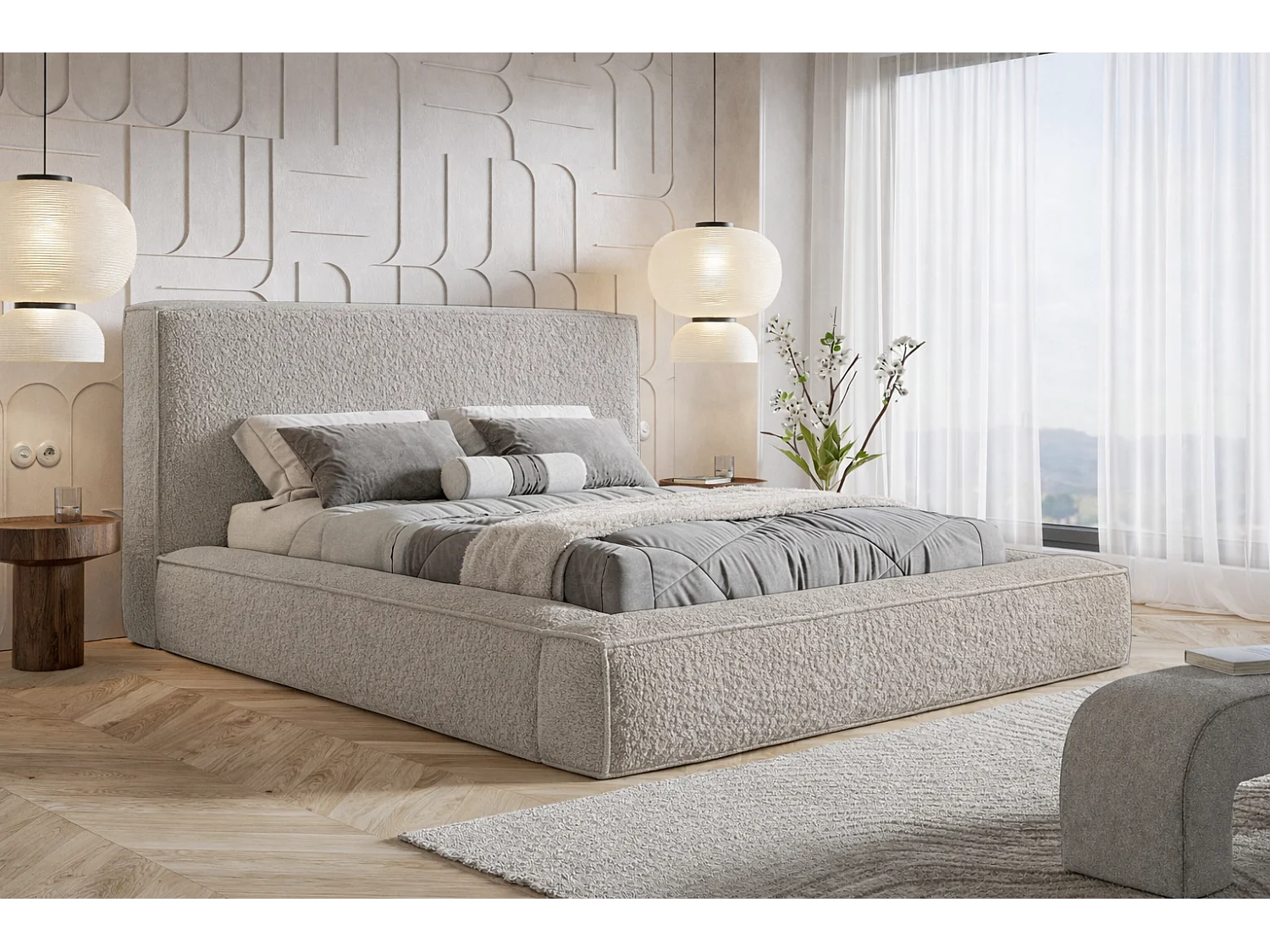 Gestoffeerd bed 140x200 Karano - bouclé, bed met opbergruimte, metalen lattenbodem, Lichtgrijs (Catch Me 24)