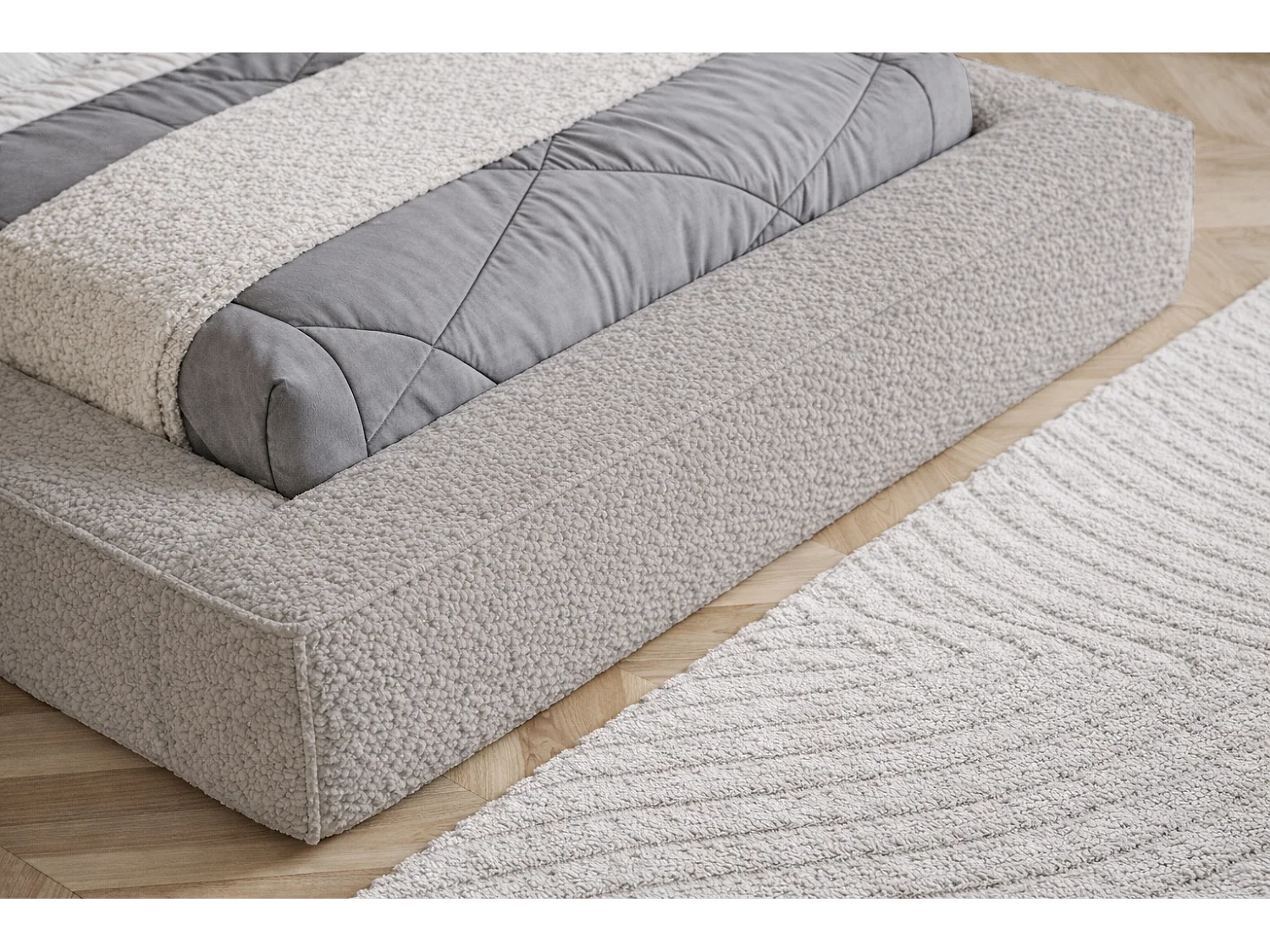 Gestoffeerd bed 140x200 Karano - bouclé, bed met opbergruimte, metalen lattenbodem, Lichtgrijs (Catch Me 24)