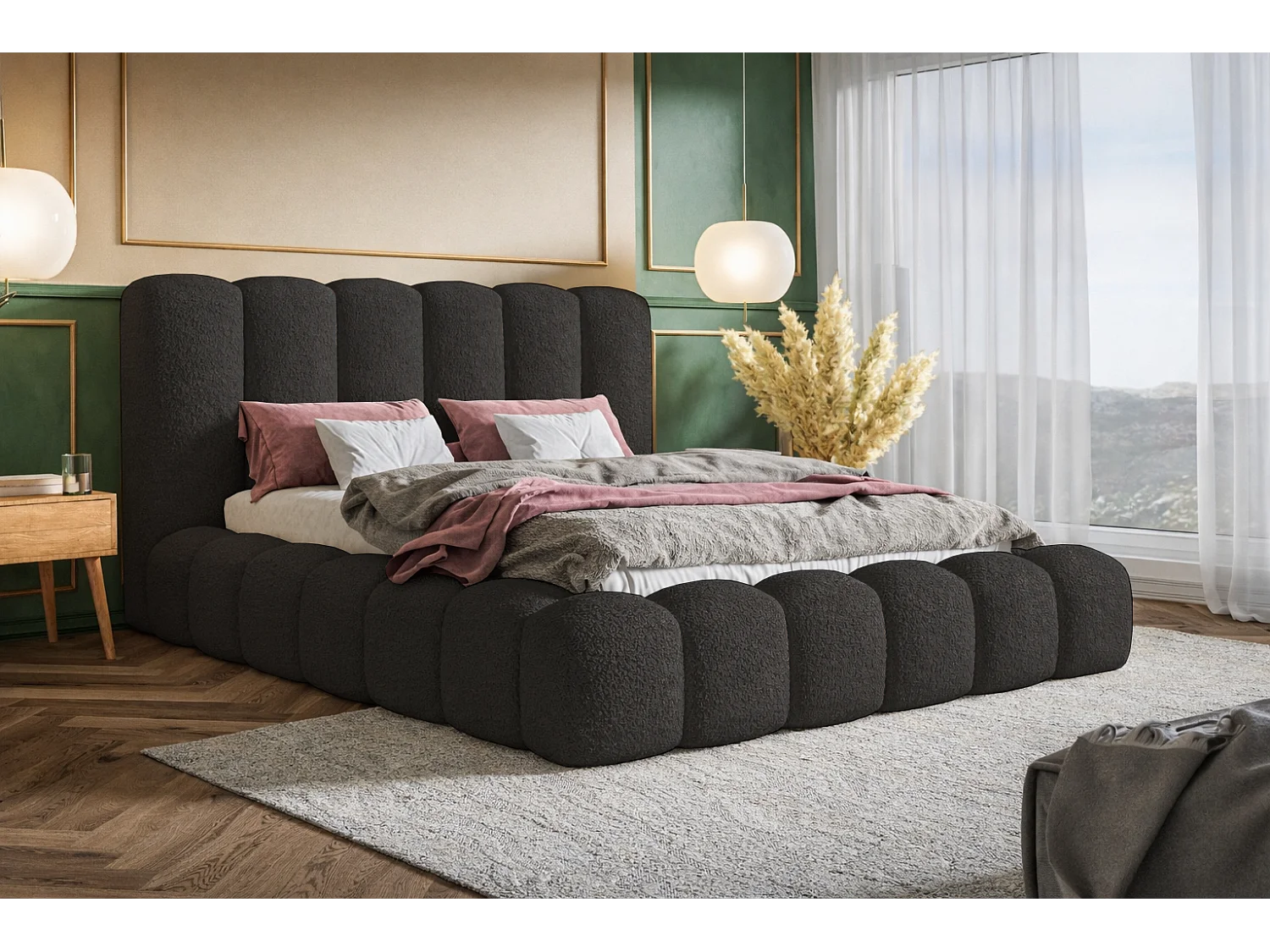 Polsterbett 160x200 Madeno mit Bettkasten - hochwertigem Schaumstoff, Metall-Lattenrost - Bouclé, Schwarz (Catch me 27)