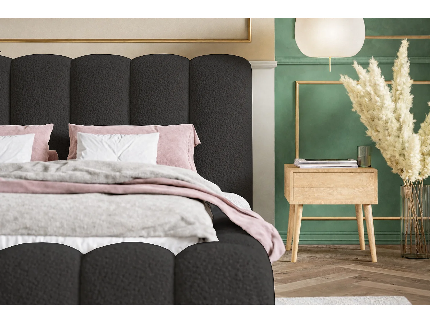 Polsterbett 160x200 Madeno mit Bettkasten - hochwertigem Schaumstoff, Metall-Lattenrost - Bouclé, Schwarz (Catch me 27)