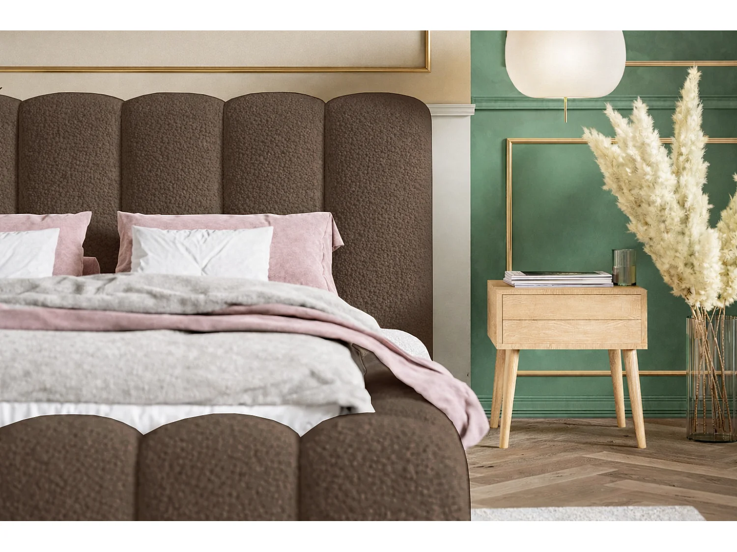 Łóżko tapicerowane 140x200 Madeno - gruba pianka, pojemnik, stelaż - tkanina boucle, brązowy (Catch Me 6)