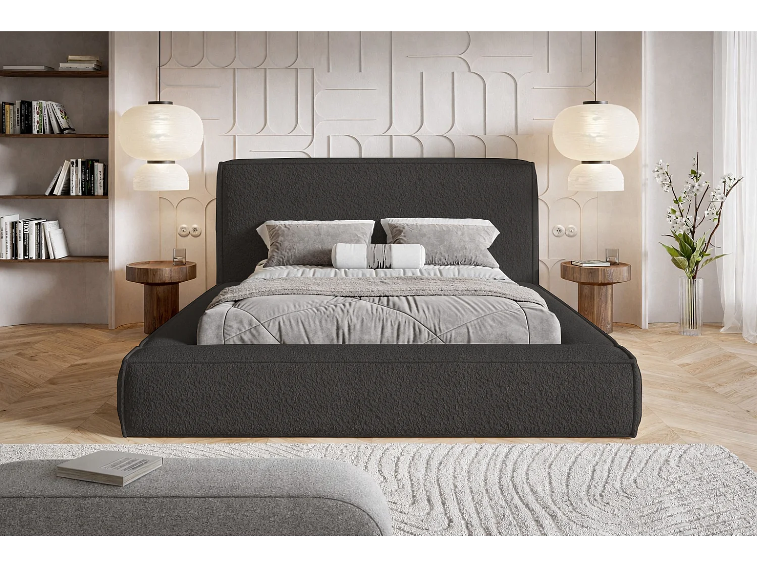 Polsterbett 180x200 Karano mit Bettkasten - Lattenrost, Samtstoff - Schwarz (Catch Me 27)