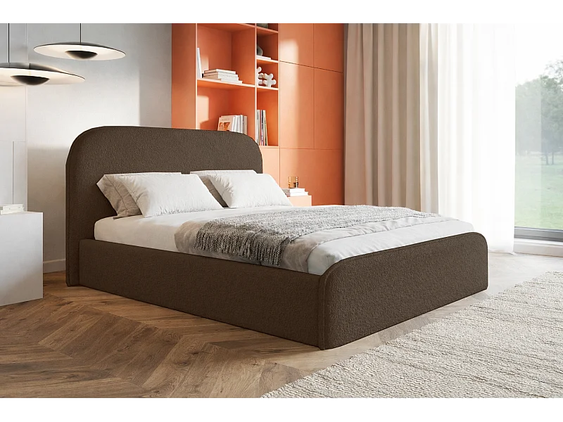 Tweepersoonsbed 160x200 Wendra met metalen lattenbodem - hoofdbord, opbergruimte - bouclé, Bruin (Catch Me 6)