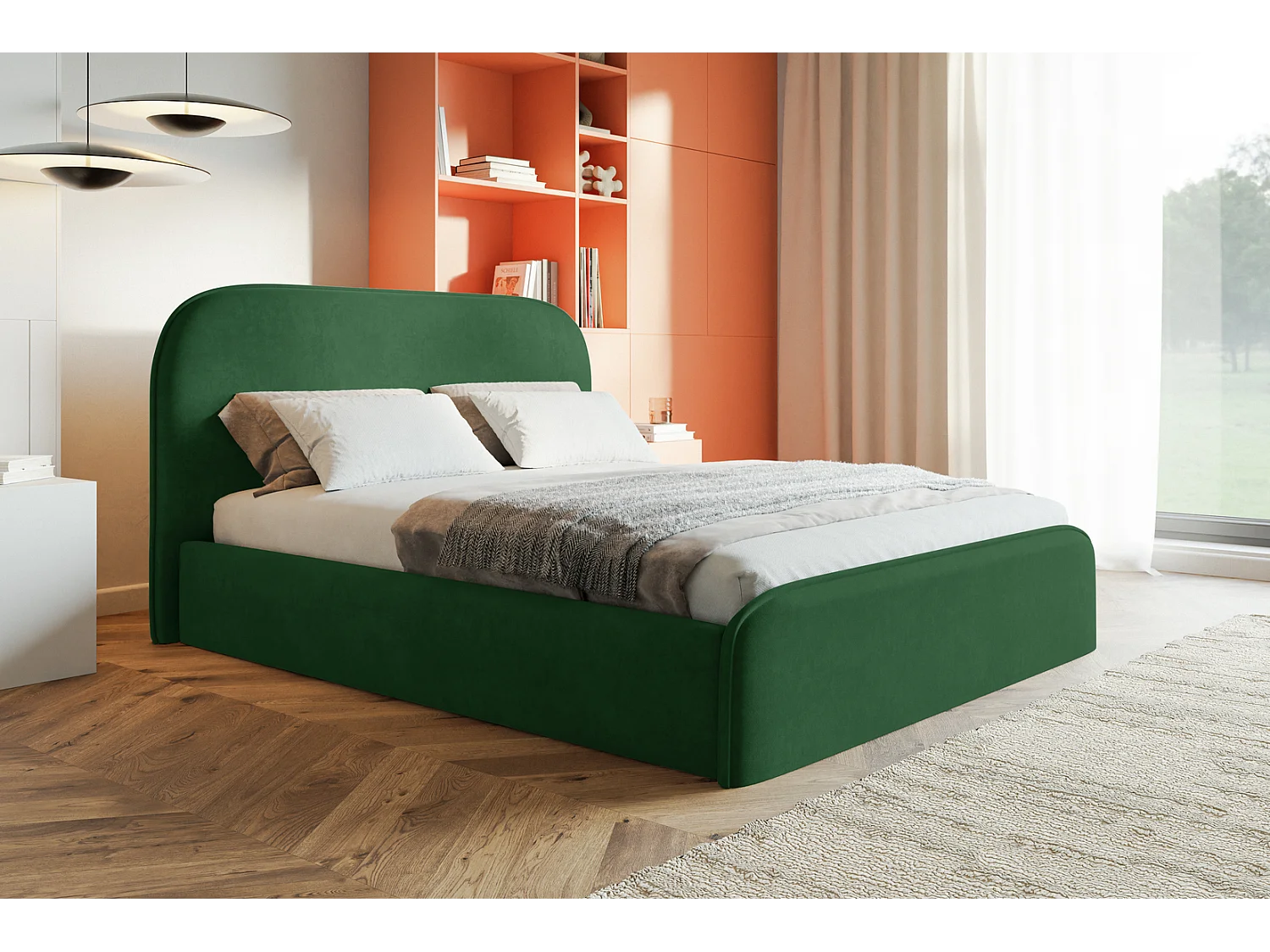 Tweepersoonsbed 160x200 Wendra met lattenbodem - hoofdbord, opbergruimte - Groen (Amor Velvet 4311)