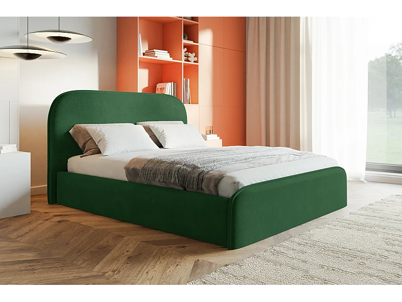 Lit coffre 160x200 Wendra - lit avec tête de lit arrondie, sommier - velours, Vert (Amor Velvet 4311)