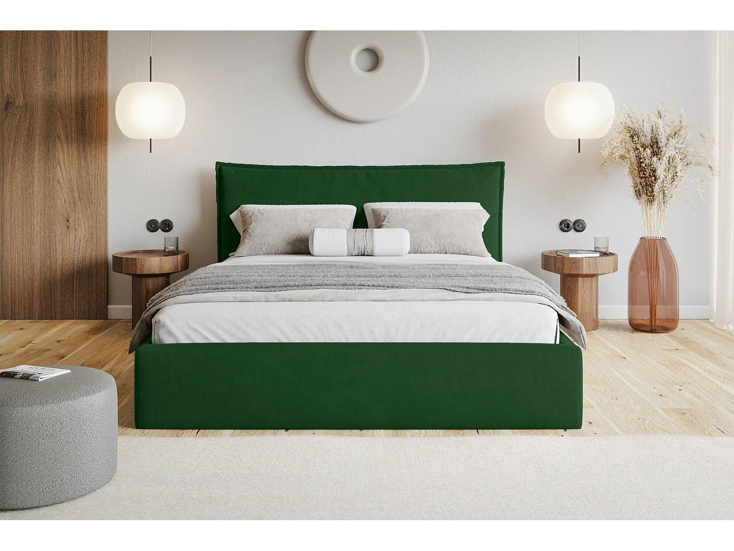 Doppelbett 180x200 Zenito Slim - Bettkasten, Kissen-Kopfteil, Metall-Lattenrost - Grün (Amor Velvet 4311)