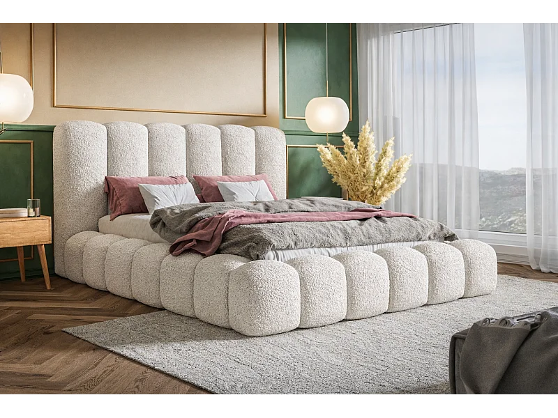 Lit capitoné 140x200 cm Madeno avec sommier, rangement - lit adulte, tissu bouclé Crème (Catch Me 1)