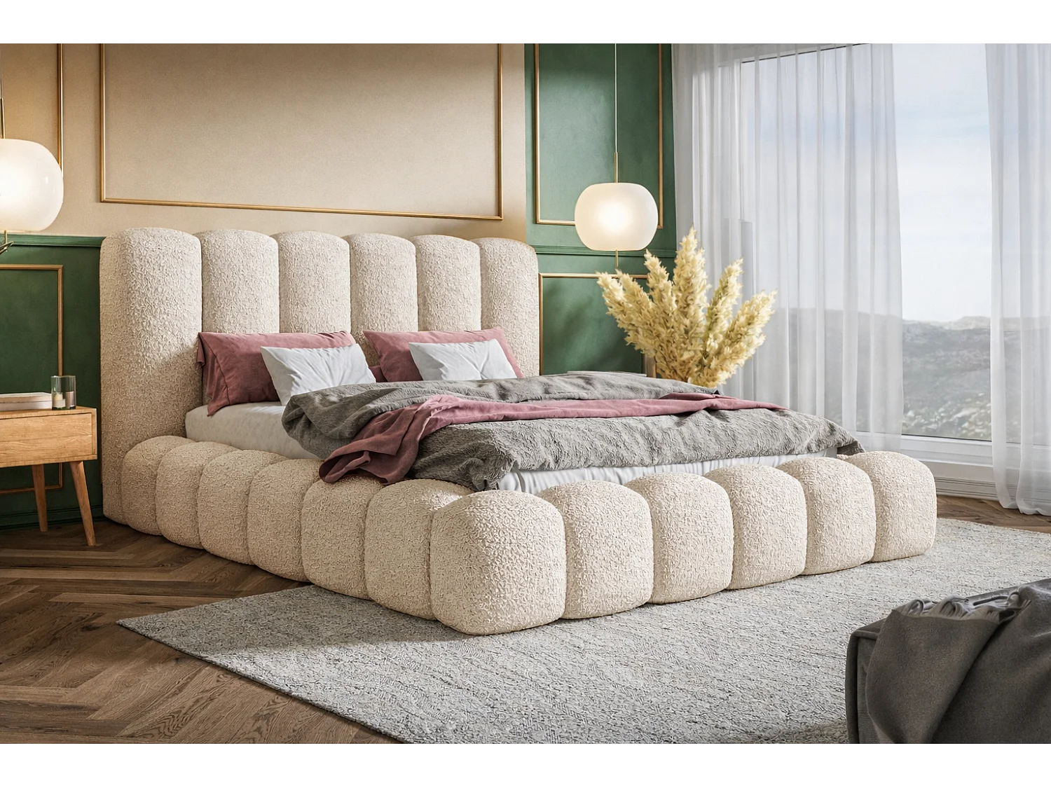 Polsterbett 140x200 Madeno mit Bettkasten - hochwertigem Schaumstoff, Metall-Lattenrost - Bouclé, Beige (Catch me 2)