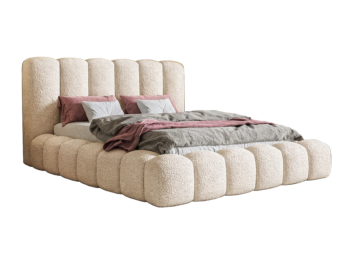 Lit capitoné 140x200 cm Madeno avec sommier métallique, rangement - lit adulte, tissu bouclé Beige (Catch Me 2)