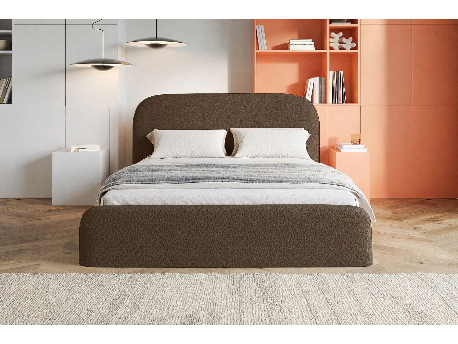 Polsterbett mit Bettkasten 180x200 Wendra - rundem Kopfteil, Lattenrost - Bouclé, Braun (Catch me 6)