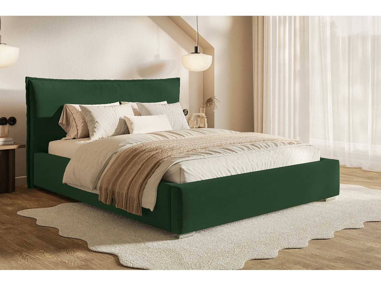 Tweepersoonsbed 200x200 Zenito met opbergruimte - hoofdbord in kussenvorm, metalen lattenbodem - Groen (Amor Velvet 4311)