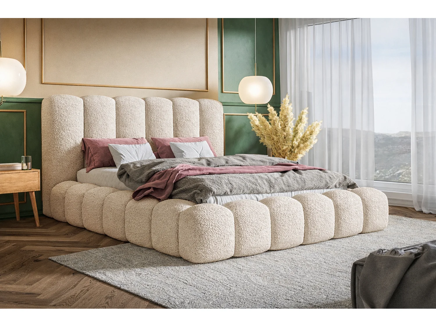 Polsterbett 180x200 Madeno mit Bettkasten - hochwertigem Schaumstoff, Metall-Lattenrost - Bouclé, Beige (Catch me 2)