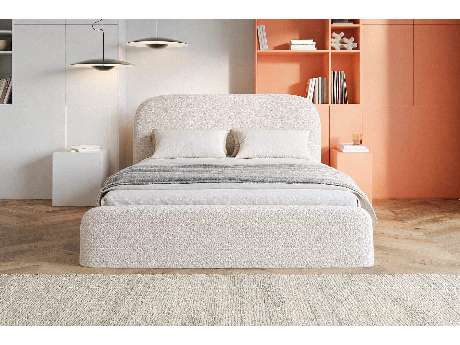 Polsterbett mit Bettkasten 180x200 Wendra - rundem Kopfteil, Lattenrost - Bouclé, Creme (Catch me 1)
