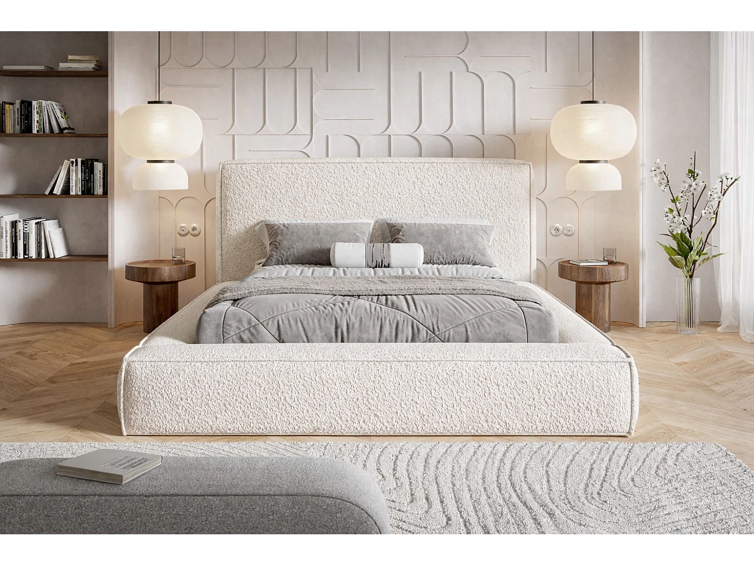 Polsterbett 160x200 Karano mit Bettkasten - Lattenrost, Samtstoff - Creme (Catch Me 1)