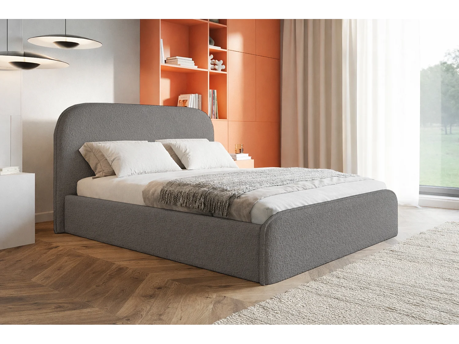 Polsterbett mit Bettkasten 160x200 Wendra - rundem Kopfteil, Metall-Lattenrost - Bouclé, Grau (Catch me 25)