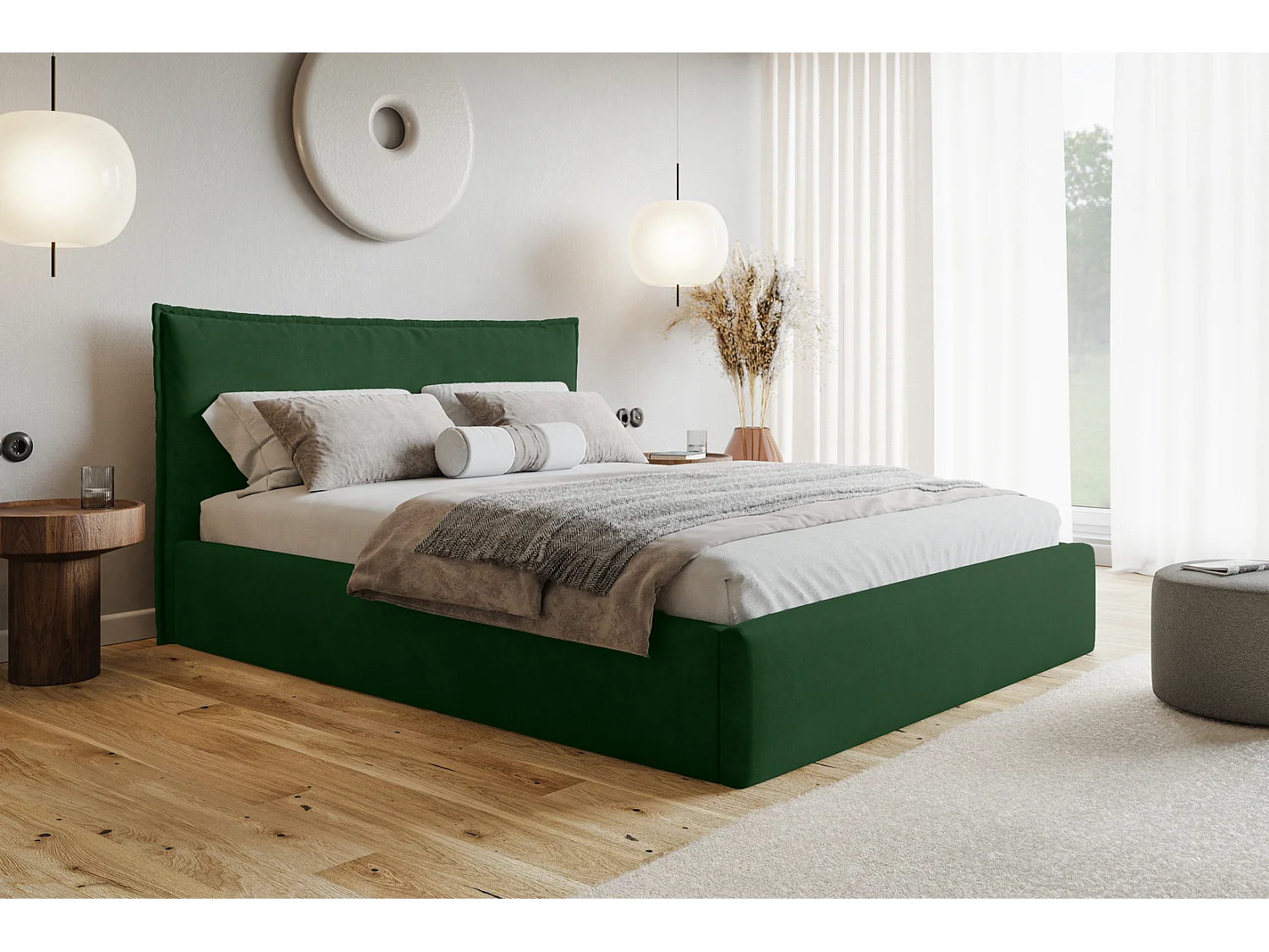 Doppelbett 180x200 Zenito Slim - Bettkasten, Kissen-Kopfteil, Lattenrost - Grün (Amor Velvet 4311)