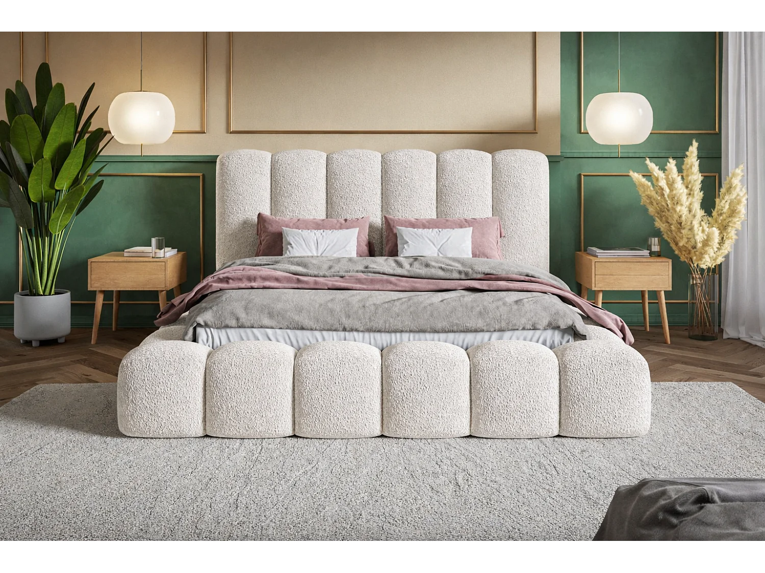 Polsterbett 140x200 Madeno mit Bettkasten - hochwertigem Schaumstoff, Metall-Lattenrost - Bouclé, Creme (Catch me 1)