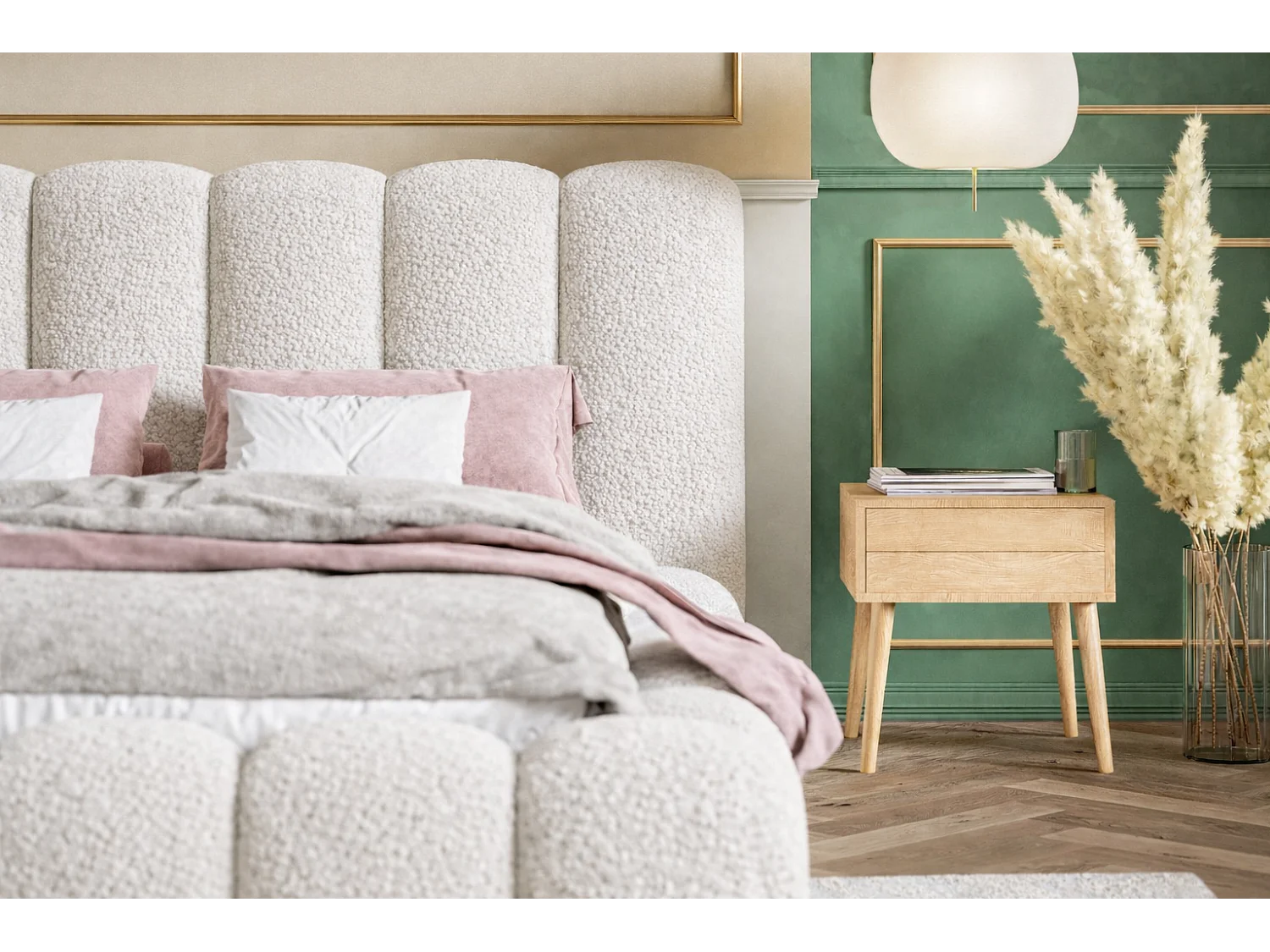 Polsterbett 140x200 Madeno mit Bettkasten - hochwertigem Schaumstoff, Metall-Lattenrost - Bouclé, Creme (Catch me 1)