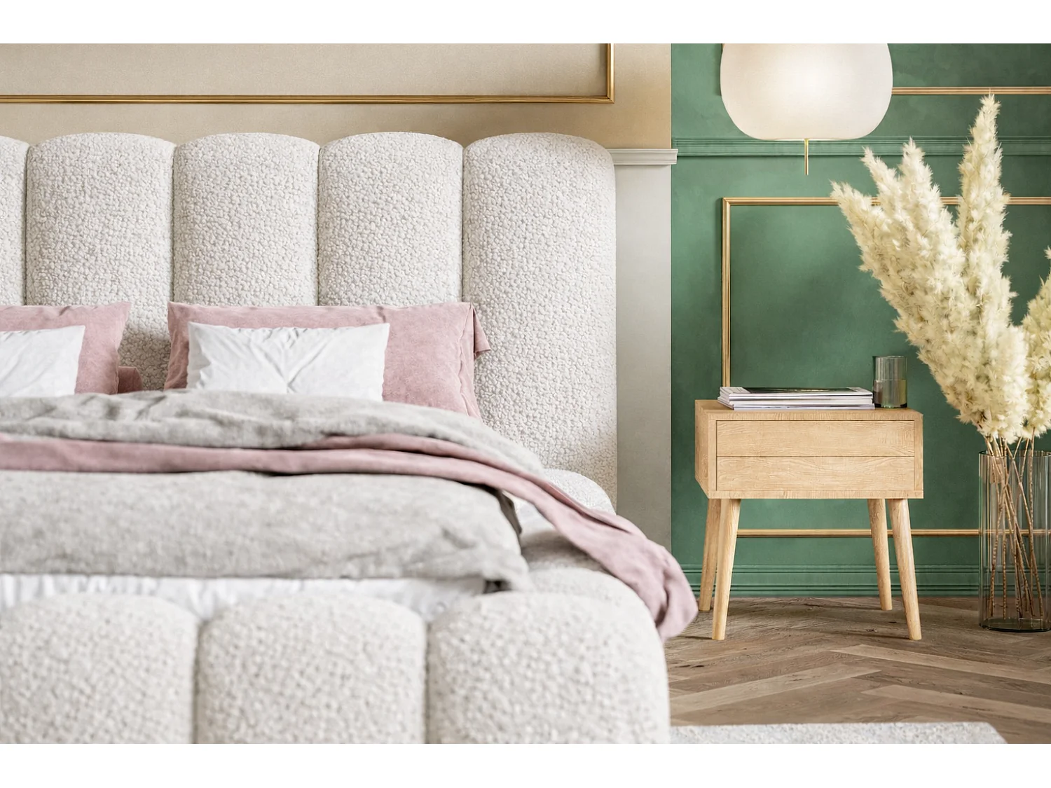 Polsterbett 140x200 Madeno mit Bettkasten - hochwertigem Schaumstoff, Metall-Lattenrost - Bouclé, Creme (Catch me 1)