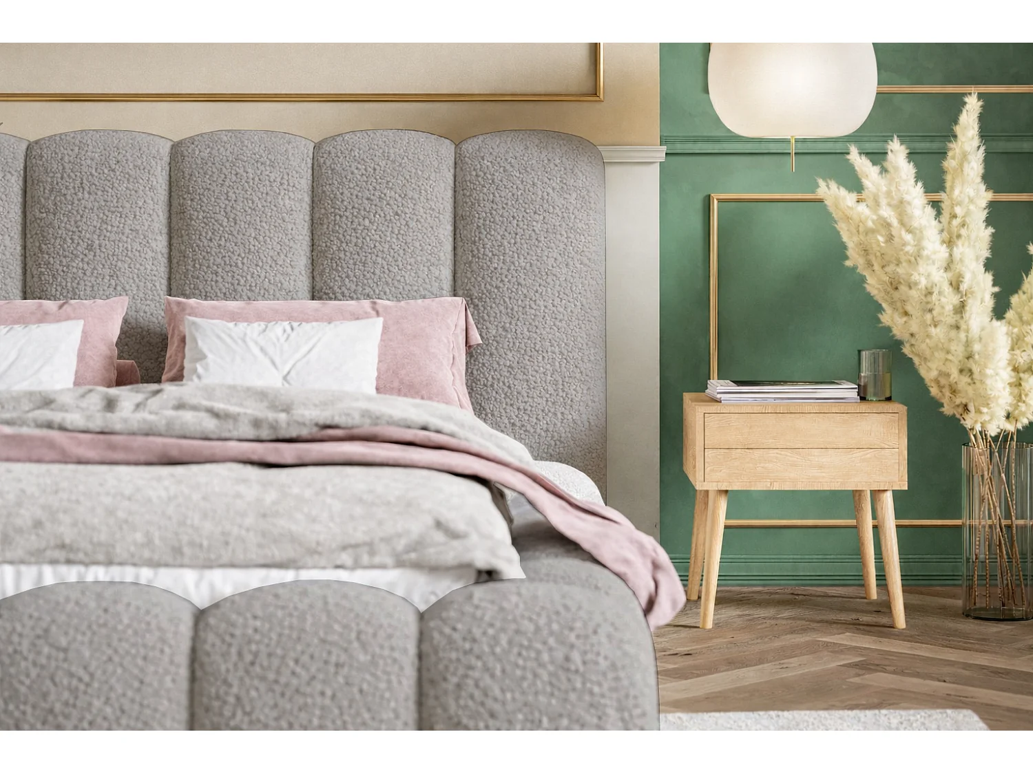 Łóżko tapicerowane 160x200 Madeno - gruba pianka, pojemnik, stelaż - tkanina boucle, jasny szary (Catch Me 24)