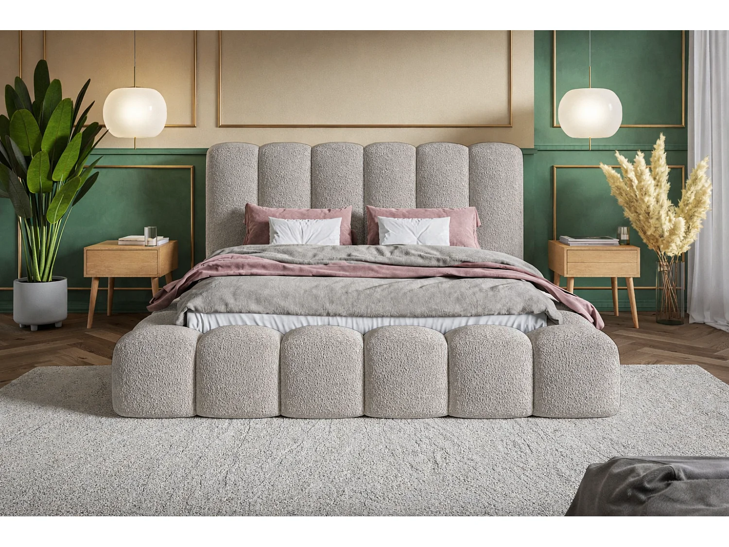 Łóżko tapicerowane 160x200 Madeno - gruba pianka, pojemnik, stelaż - tkanina boucle, jasny szary (Catch Me 24)