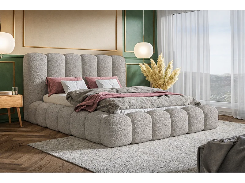 Lit capitoné 160x200 cm Madeno avec sommier, rangement - lit adulte, tissu bouclé Gris clair (Catch Me 24)