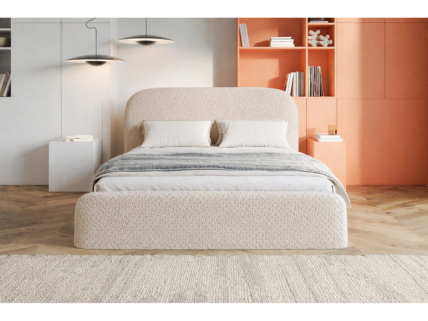 Polsterbett mit Bettkasten 140x200 Wendra - rundem Kopfteil, Lattenrost - Bouclé, Beige (Catch me 2)