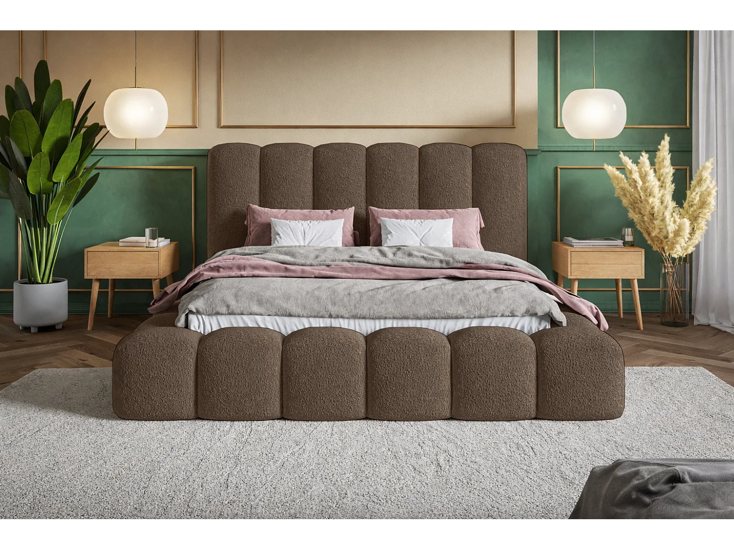 Polsterbett 160x200 Madeno mit Bettkasten - hochwertigem Schaumstoff, Metall-Lattenrost - Bouclé, Braun (Catch me 6)