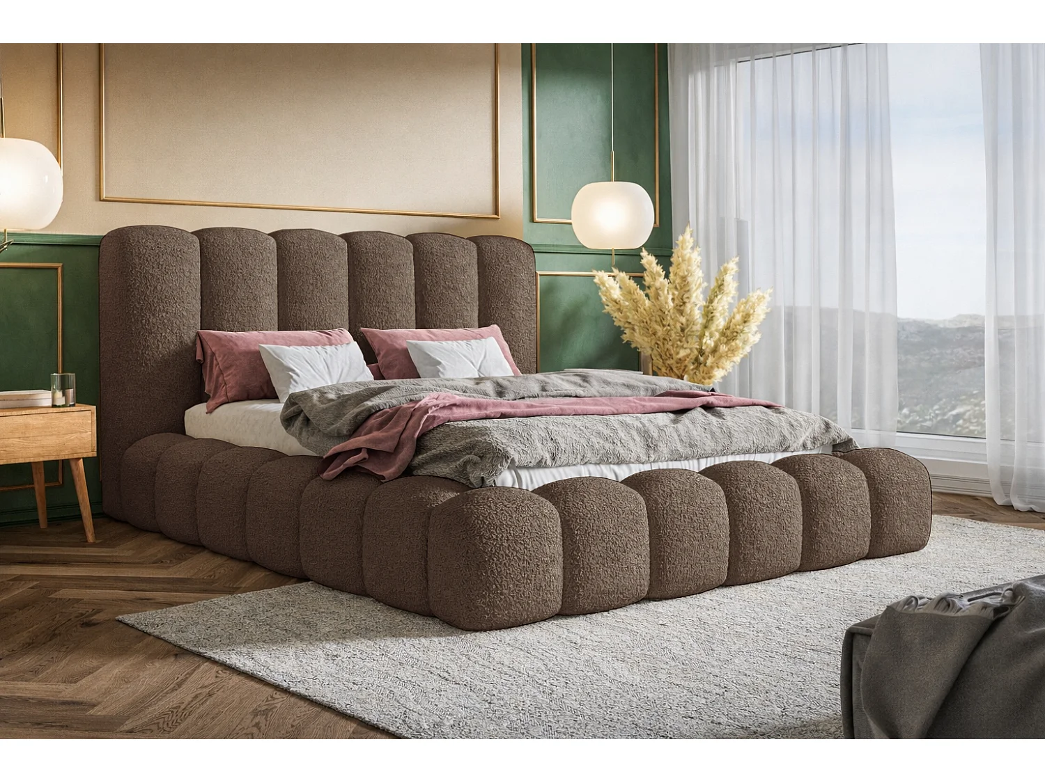 Polsterbett 160x200 Madeno mit Bettkasten - hochwertigem Schaumstoff, Metall-Lattenrost - Bouclé, Braun (Catch me 6)