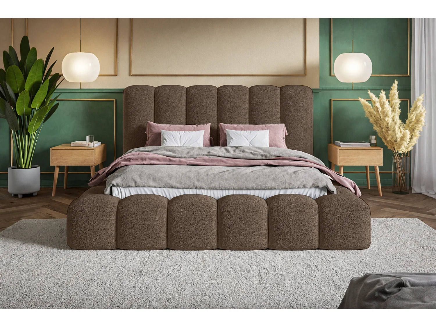Polsterbett 160x200 Madeno mit Bettkasten - hochwertigem Schaumstoff, Metall-Lattenrost - Bouclé, Braun (Catch me 6)