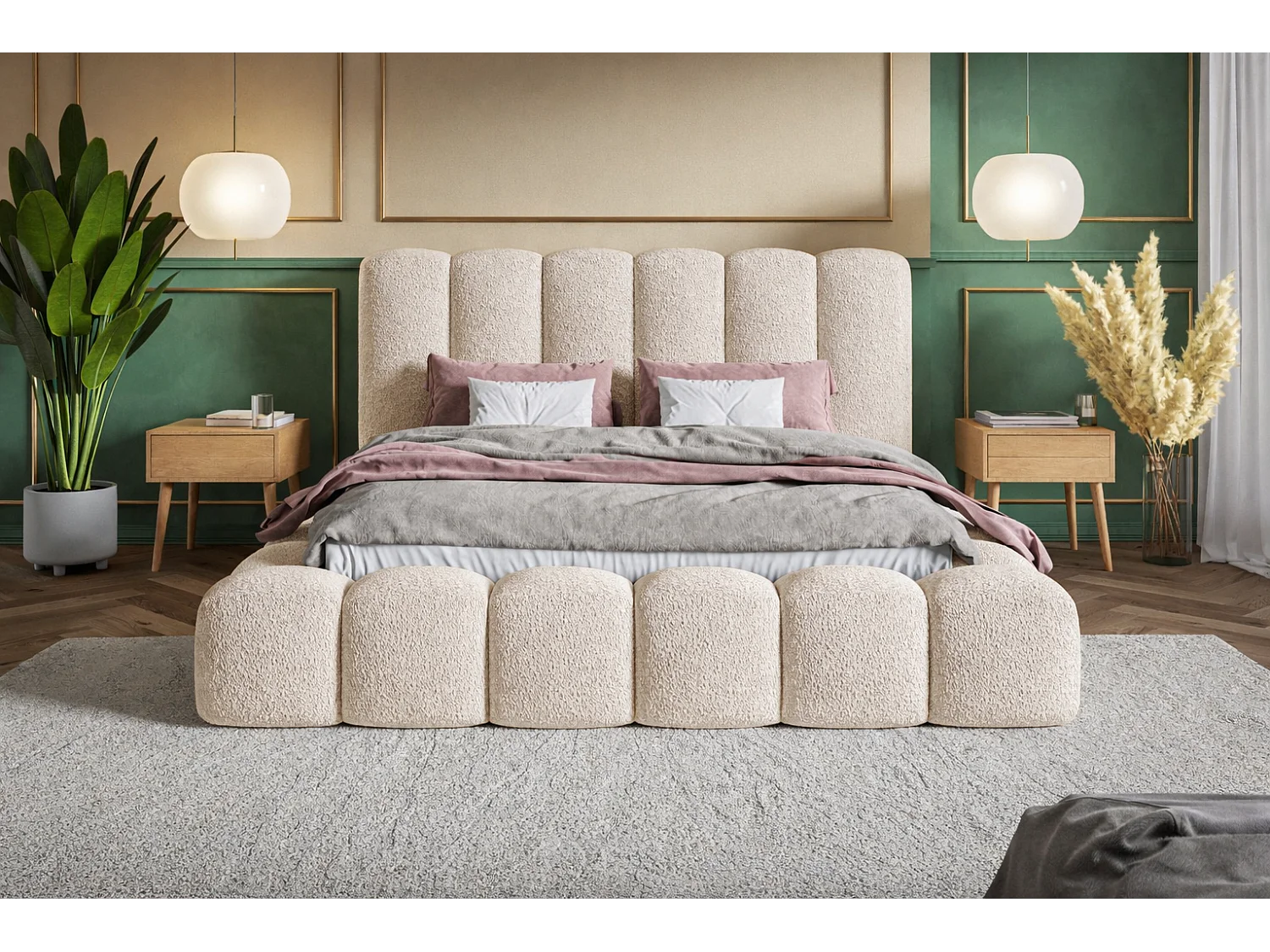 Gestoffeerd bed 160x200 Madeno - lattenbodem, opbergruimte - bouclé, Beige (Catch Me 2)