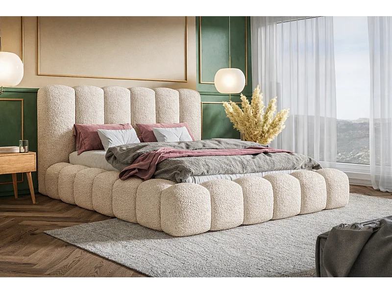 Lit capitoné 160x200 cm Madeno avec sommier, rangement - lit adulte, tissu bouclé Beige (Catch Me 2)