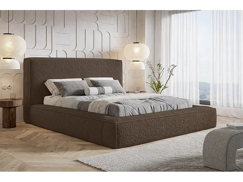 Lit coffre 180x200 cm Karano - sommier métallique, tissu bouclé, Brun (Catch Me 6)