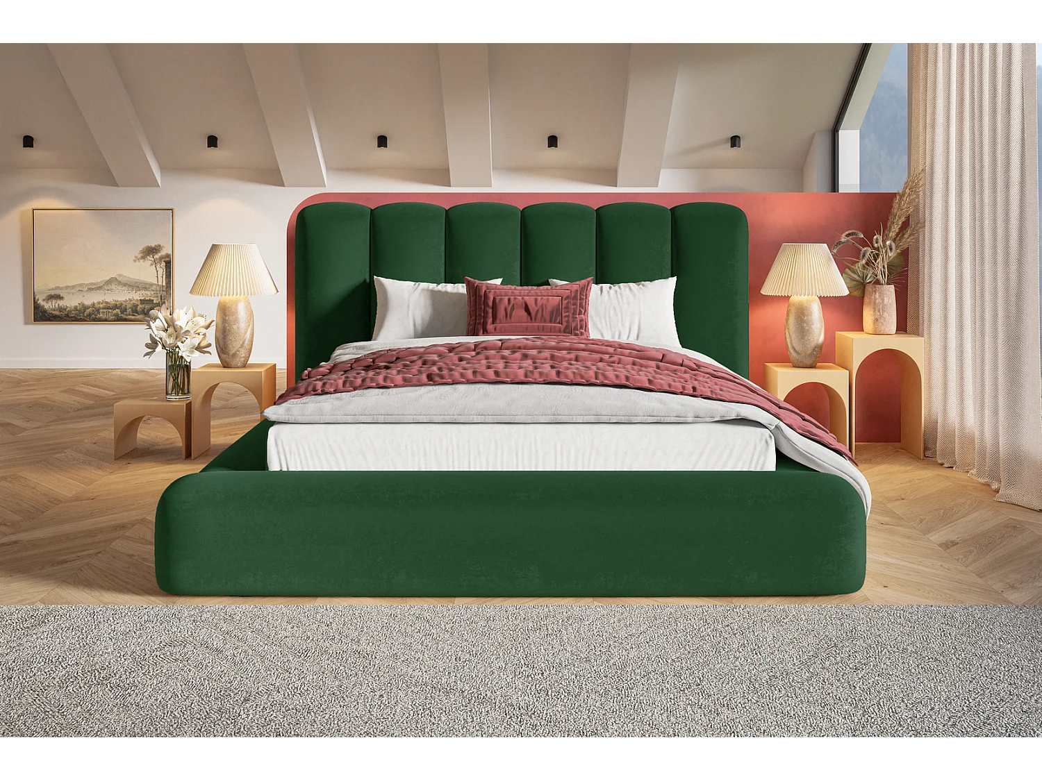 Gestoffeerd bed 140x200 Lumaro met opbergruimte - metalen lattenbodem, Groen (Amor Velvet 4311)