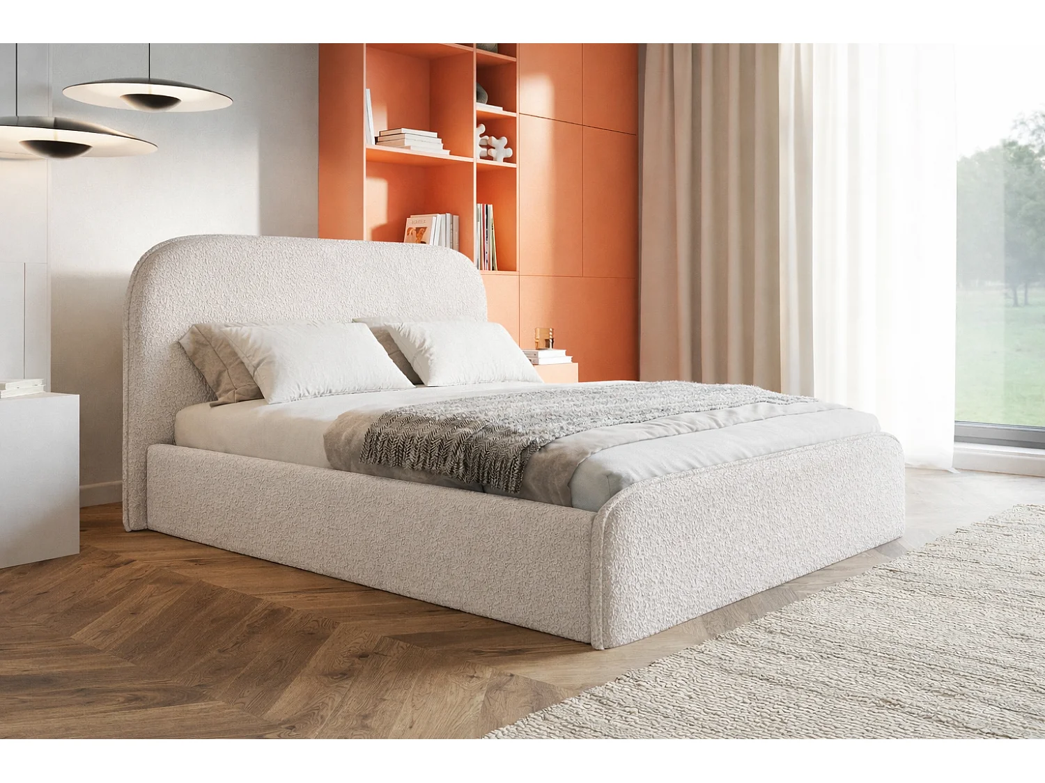 Polsterbett mit Bettkasten 160x200 Wendra - rundem Kopfteil, Metall-Lattenrost - Bouclé, Creme (Catch me 1)