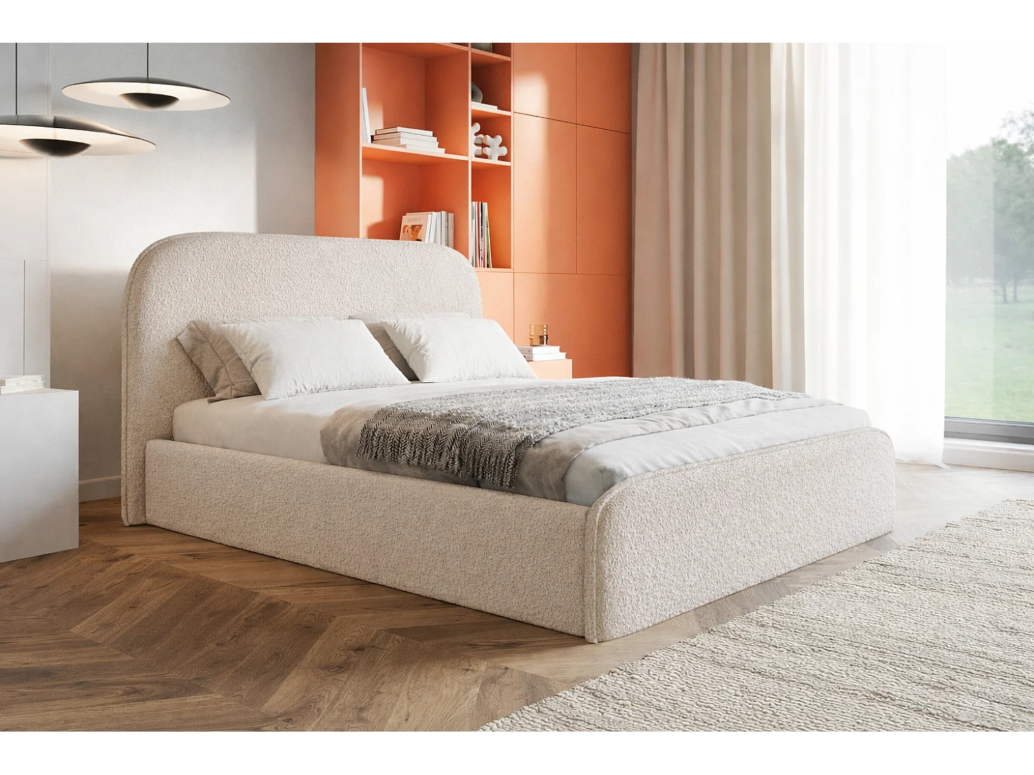 Polsterbett mit Bettkasten 140x200 Wendra - rundem Kopfteil, Metall-Lattenrost - Bouclé, Beige (Catch me 2)