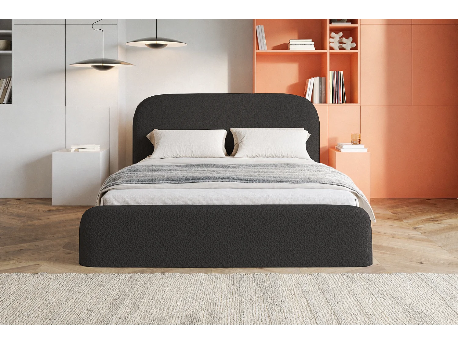 Polsterbett mit Bettkasten 140x200 Wendra - rundem Kopfteil, Metall-Lattenrost - Bouclé, Grau (Catch me 25)