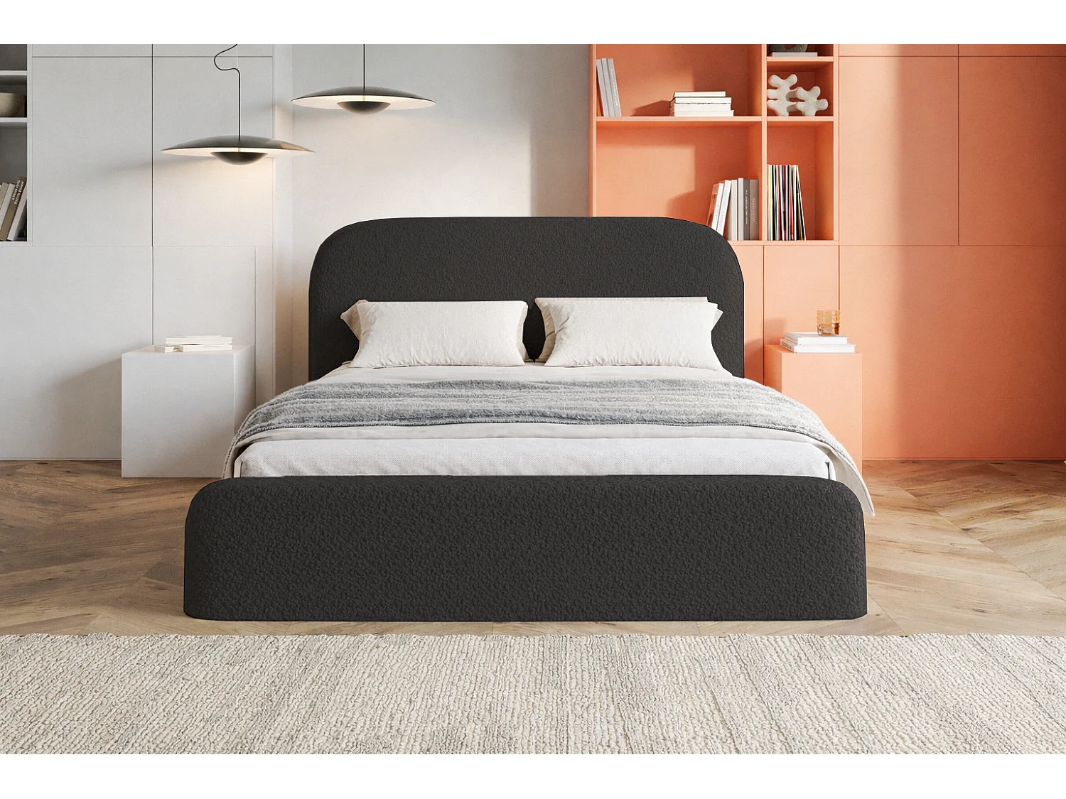 Polsterbett mit Bettkasten 140x200 Wendra - rundem Kopfteil, Metall-Lattenrost - Bouclé, Grau (Catch me 25)