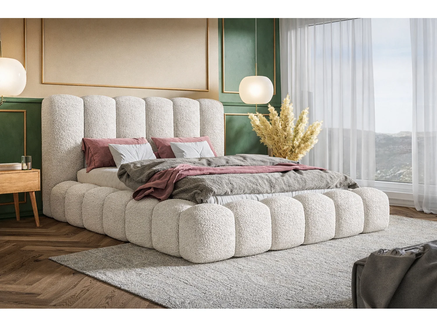 Polsterbett 160x200 Madeno mit Bettkasten - hochwertigem Schaumstoff, Metall-Lattenrost - Bouclé, Creme (Catch me 1)