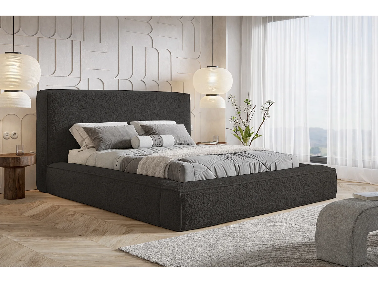 Polsterbett 160x200 Karano mit Bettkasten - Lattenrost, Samtstoff - Schwarz (Catch Me 27)