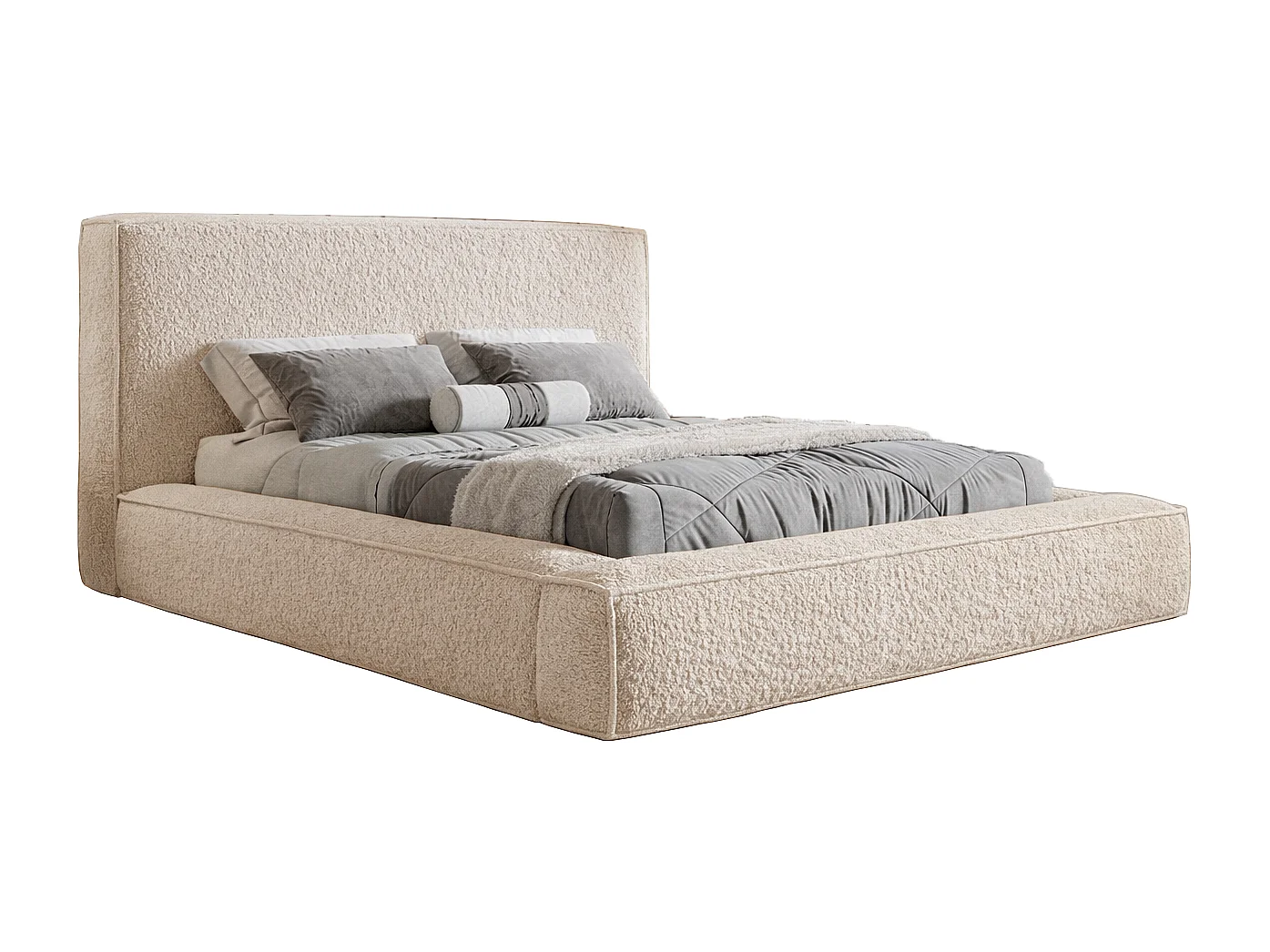Lit coffre 160x200 cm Karano - sommier métallique, tissu bouclé, Beige (Catch Me 2)