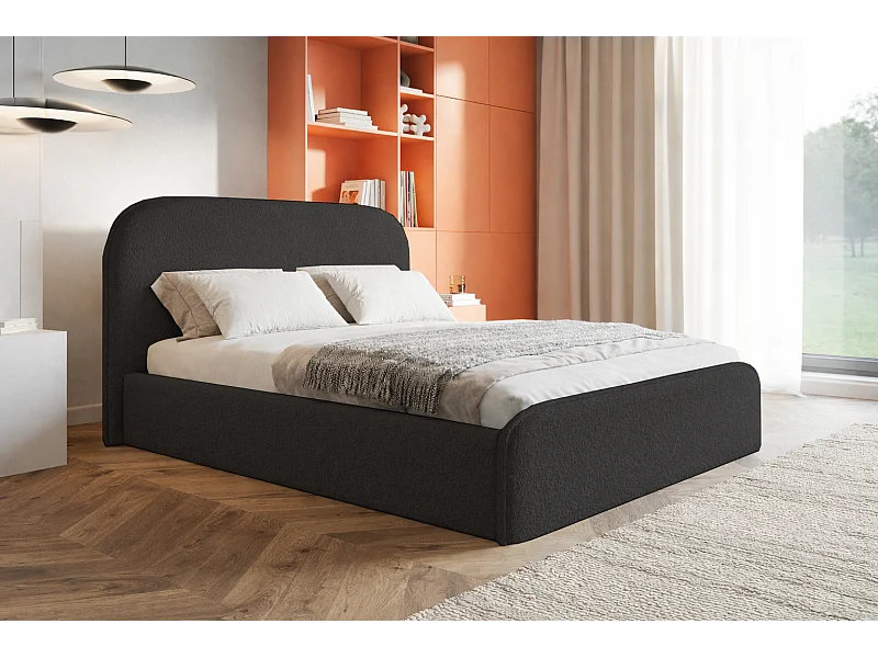 Lit adulte 200x200 Wendra - lit avec tête de lit arrondie, sommier métallique - bouclé, Noir (Catch Me 27)