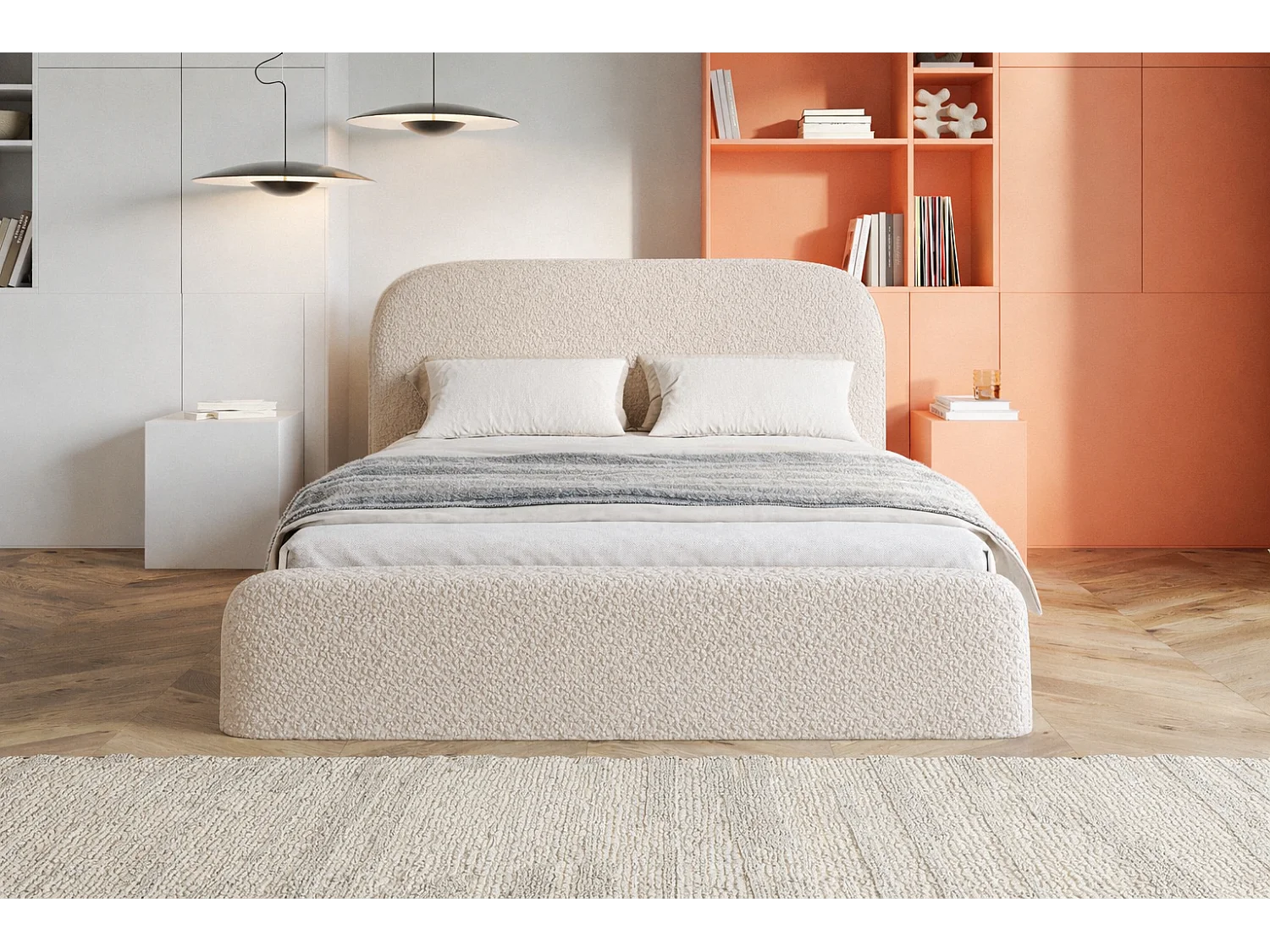 Polsterbett mit Bettkasten 160x200 Wendra - rundem Kopfteil, Lattenrost - Bouclé, Beige (Catch me 2)