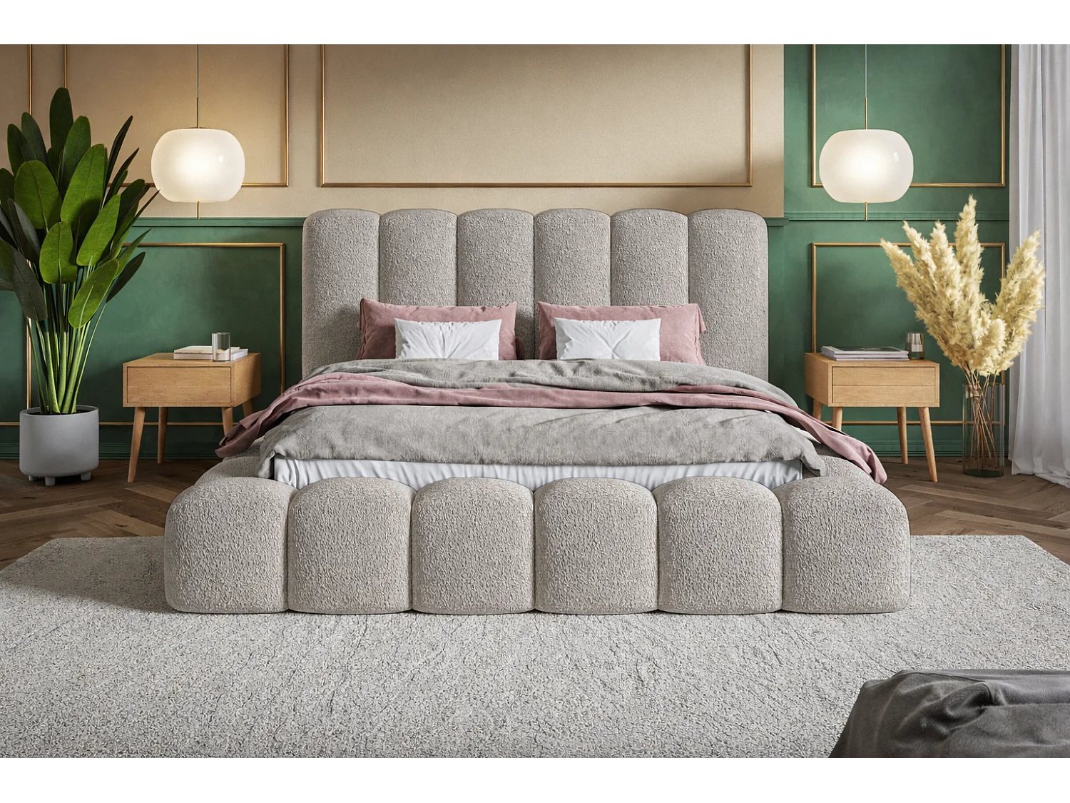 Łóżko tapicerowane 140x200 Madeno - gruba pianka, pojemnik, stelaż - tkanina boucle, jasny szary (Catch Me 24)