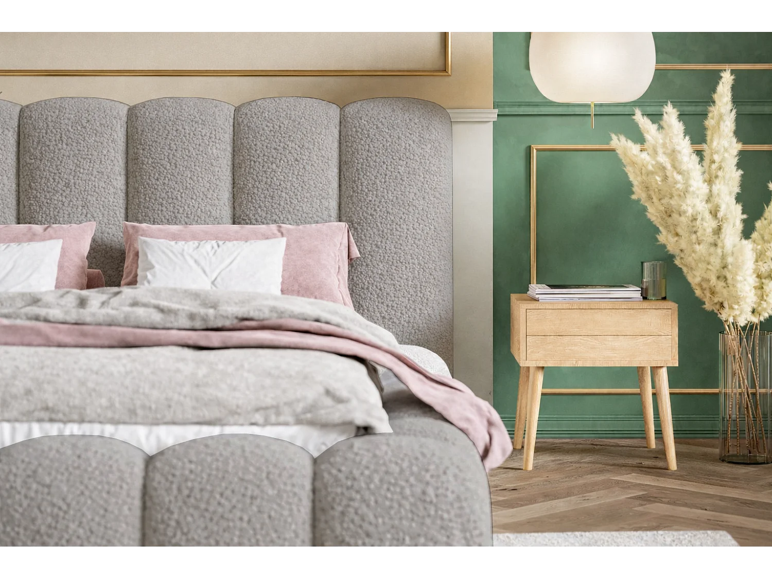 Polsterbett 160x200 Madeno mit Bettkasten - hochwertigem Schaumstoff, Metall-Lattenrost - Bouclé, Hellgrau (Catch me 24)