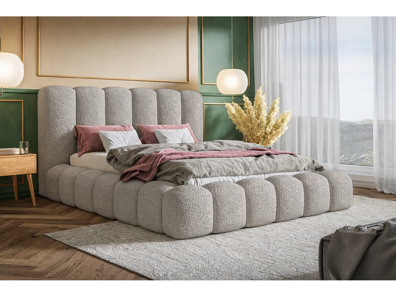 Polsterbett 160x200 Madeno mit Bettkasten - hochwertigem Schaumstoff, Metall-Lattenrost - Bouclé, Hellgrau (Catch me 24)