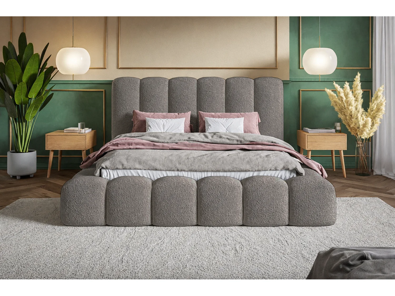 Polsterbett 180x200 Madeno mit Bettkasten - hochwertigem Schaumstoff, Metall-Lattenrost - Bouclé, Grau (Catch me 25)