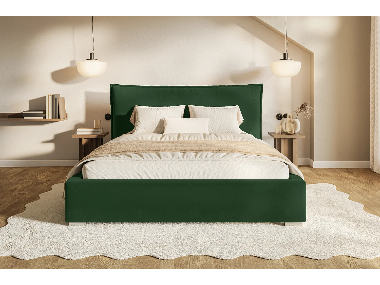 Tweepersoonsbed 160x200 Zenito met opbergruimte - hoofdbord in kussenvorm - Groen (Amor Velvet 4311)