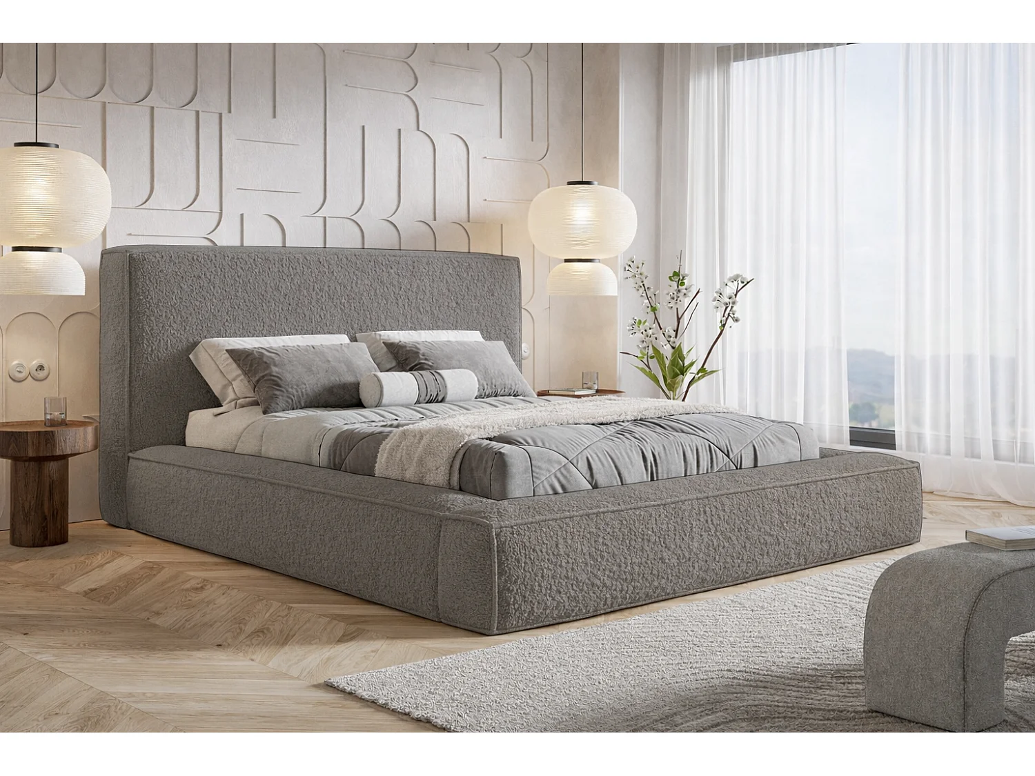 Polsterbett 140x200 Karano mit Bettkasten - Lattenrost, Samtstoff - Grau (Catch Me 25)