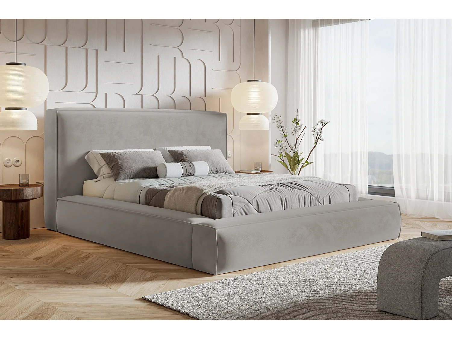 Polsterbett 180x200 Karano mit Lattenrost - Bettkasten, Samtstoff - Hellgrau (Amor Velvet 4318)